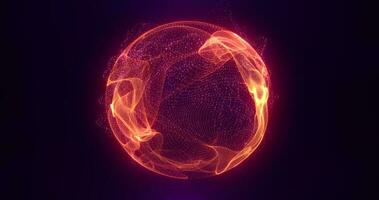 Abstract orange fire energy sphere of particles and waves of magical glowing on a dark background photo