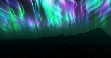 The abstract background of the multi -colored northern lights and mountains in the north, a bright iridescent realistic light light in the sky photo