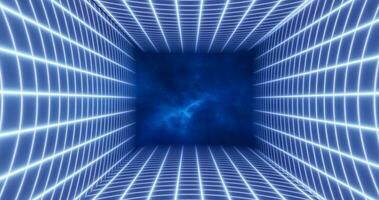 resumen azul energía cuadrícula arremolinándose túnel de líneas en el parte superior y fondo de el pantalla mágico brillante brillante futurista de alta tecnología antecedentes foto