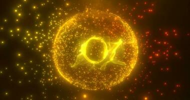 Abstract round yellow orange sphere light bright glowing from energy rays and magic waves from particles and dots, abstract background photo