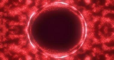 Abstract red background from an energy blue magic ring of a round frame of glowing particles and waves of energy photo