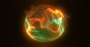 Abstract green orange energy sphere of particles and waves of magical glowing on a dark background photo