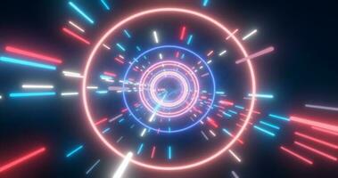 Abstract multi-colored energy futuristic hi-tech tunnel of flying circles and lines neon magic glowing background photo