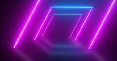 Abstract looped square tunnel neon blue and purple energy glowing from lines background photo
