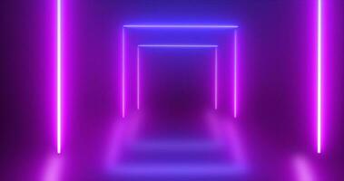Abstract square tunnel neon blue and purple energy glowing from lines background photo