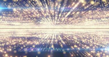 Abstract yellow energy hi-tech lines and digital particles fly in a tunnel with bokeh effect glowing background photo