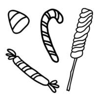 Set of hand drawn candy, twist lollipops, candy cane in doodle style. Traditional halloween sweets vector
