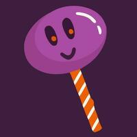 Hand drawn cartoon design of purple lollipop with cute face in doodle style. Halloween isolated illustration of sweets vector