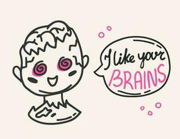 Zombie with brains speech bubble hand drawn vector character. Cute monster with crazy eyes and lettering.