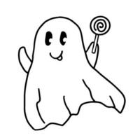 Hand drawn line art of cute ghost with lollipop in doodle style vector