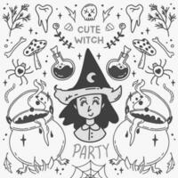 Halloween vector illustration concept with cute witch, cauldron and potion bottle. Symmetrical style graphic. Perfect for a social media post, prints, poster, cover or postcard.