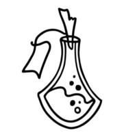 Hand drawn line art of potion bottle with label in doodle style vector