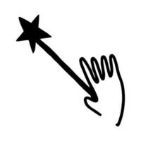 Hand drawn design of hand holding magic wand with black star in doodle style vector