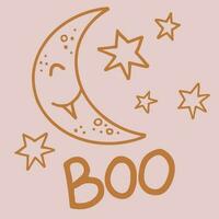 Boo hand drawn vector lettering in doodle style. Cute phrase with crescent and stars isolated print.