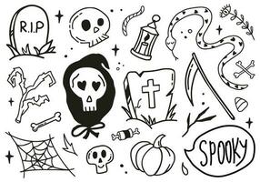 Happy Halloween cute vector set with death, scythe, skull, snake, pumpkin, grave, web isolated on white background. Spooky speech bubble lettering quote in doodle style