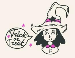 Witch with trick or treat speech bubble hand drawn vector character. Cute hag with hat and lettering.