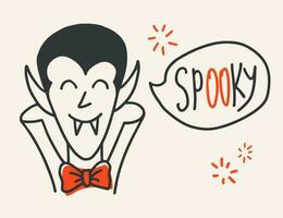 Dracula with spooky speech bubble hand drawn vector character. Cute evil with fangs and lettering.