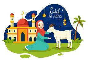 Happy Eid Al Adha Mubarak Vector Illustration of Kids Muslims Celebration with Sacrificial Animals Goat and Cow in Cartoon Hand Drawn Templates