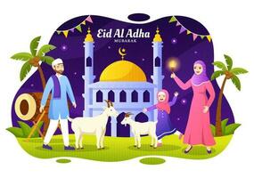 contento eid Alabama adha Mubarak vector ilustración de niños musulmanes celebracion con sacrificatorio animales cabra y vaca en dibujos animados mano dibujado plantillas