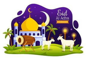 Happy Eid Al Adha Mubarak Vector Illustration of Muslims Celebration with Sacrificial Animals Goat and Cow in Flat Cartoon Hand Drawn Templates
