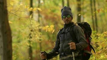 Caucasian Fall Foliage Hiker with Backpack. Falling Leaves in Slow Motion Footage. video