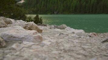 braies lago montanha corrente corrida para dentro a lago video