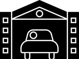 plano estilo negro y blanco coche en un garaje icono. vector