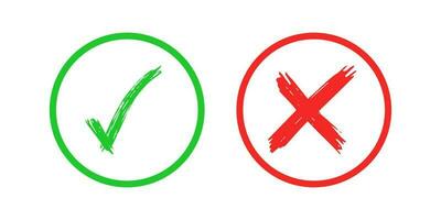 Hand drawn check and cross sign elements isolated on white background. Grunge doodle green checkmark OK and red X in circle icons. Vector illustration