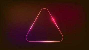 Neon rounded triangle frame with shining effects on dark background. Empty glowing techno backdrop. Vector illustration.