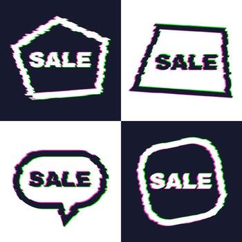 Set of four distorted glitch sale banners with error effect on the edges and in text. Vector illustration.