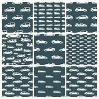 Set of nine seamless patterns with white cars on black background. Vector illustration.