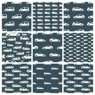 Set of nine seamless patterns with white cars on black background. Vector illustration.