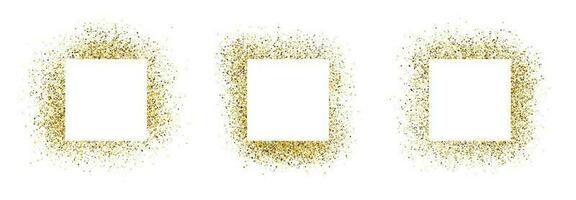 Set of three greeting cards with white square frames on golden glitter background. Empty white background. Vector illustration.