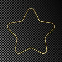 Gold glowing rounded star shape frame isolated on dark background. Shiny frame with glowing effects. Vector illustration.