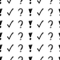 Seamless pattern with hand drawn check, exclamation and question mark symbols. Black sketch check symbol on white background. Vector illustration