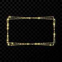 Gold double rectangle frame. Modern shiny frame with light effects isolated on dark vector