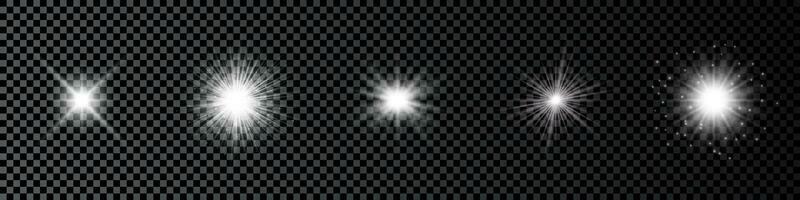 Light effect of lens flares. Set of five white glowing lights starburst effects with sparkles vector