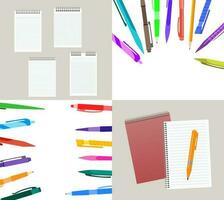 Set of four vector illustration with notebooks, pens and pencils.