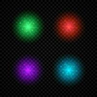 Light effect of lens flares. Set of four green, red, purple and blue glowing lights starburst effects with sparkles on a dark vector