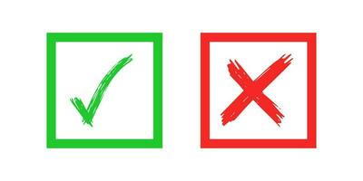 Hand drawn check and cross sign elements isolated on white background. Grunge doodle green checkmark OK and red X in square icons. Vector illustration