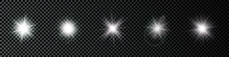 Light effect of lens flares. Set of five white glowing lights starburst effects with sparkles vector