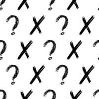 Seamless pattern with hand drawn cross and question mark symbols. Black sketch cross symbol on white background. Vector illustration