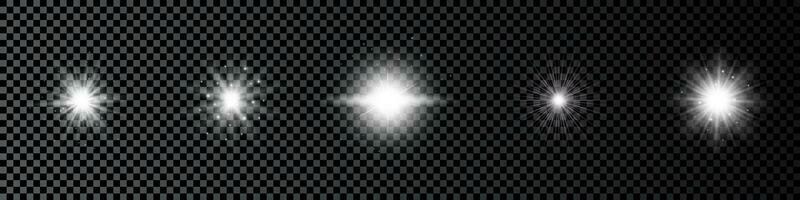 Light effect of lens flares. Set of five white glowing lights starburst effects with sparkles vector