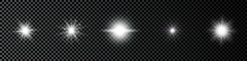 Light effect of lens flares. Set of five white glowing lights starburst effects with sparkles