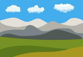 Natural cartoon landscape in the flat style with blue sky, clouds, hills and mountains. Vector illustration