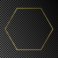 Gold glowing hexagon frame isolated on dark background. Shiny frame with glowing effects. Vector illustration.