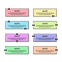 Set of eight black rectangular quote box frames on multicolour backgrounds. Vector illustration