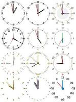 A set of different mechanical clocks with an image of each of the twelve hours. Clock face on white background. vector