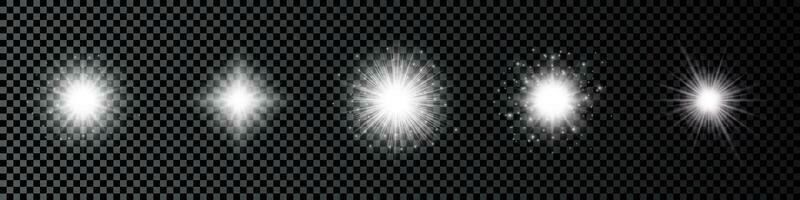 Light effect of lens flares. Set of five white glowing lights starburst effects with sparkles vector