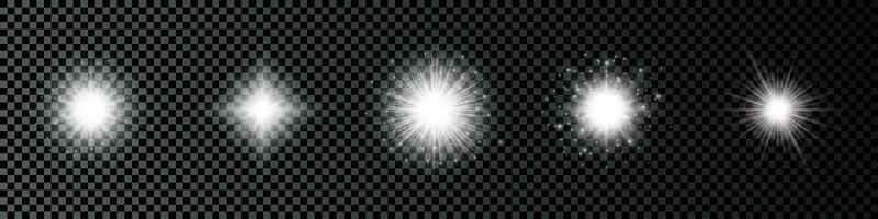 Light effect of lens flares. Set of five white glowing lights starburst effects with sparkles